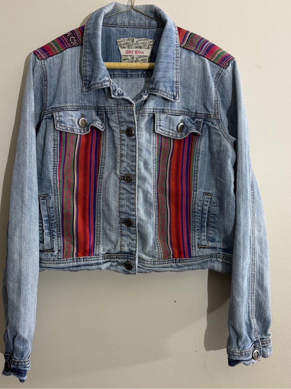 Hot Kiss Light Wash Denim Jacket with Multicolor Aztec Stripe Panels